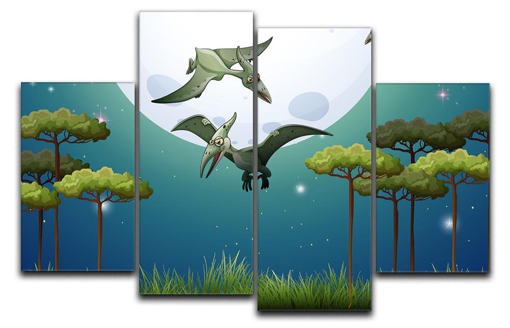 A vibrant 4-split canvas artwork featuring dinosaurs flying against a full moon, creating a whimsical and dynamic visual effect.