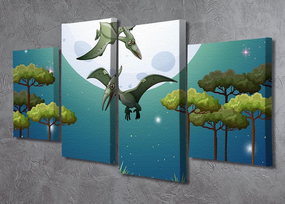A vibrant 4-split canvas artwork featuring dinosaurs flying against a full moon, creating a whimsical and dynamic visual effect.