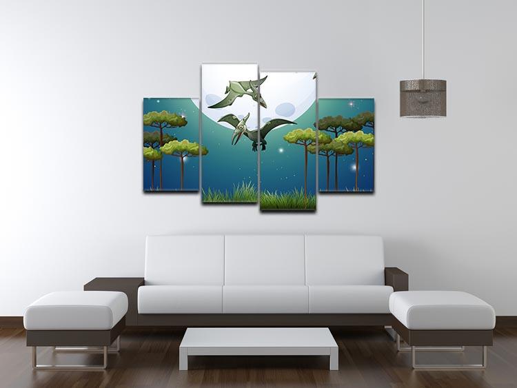 A vibrant 4-split canvas artwork featuring dinosaurs flying against a full moon, creating a whimsical and dynamic visual effect.
