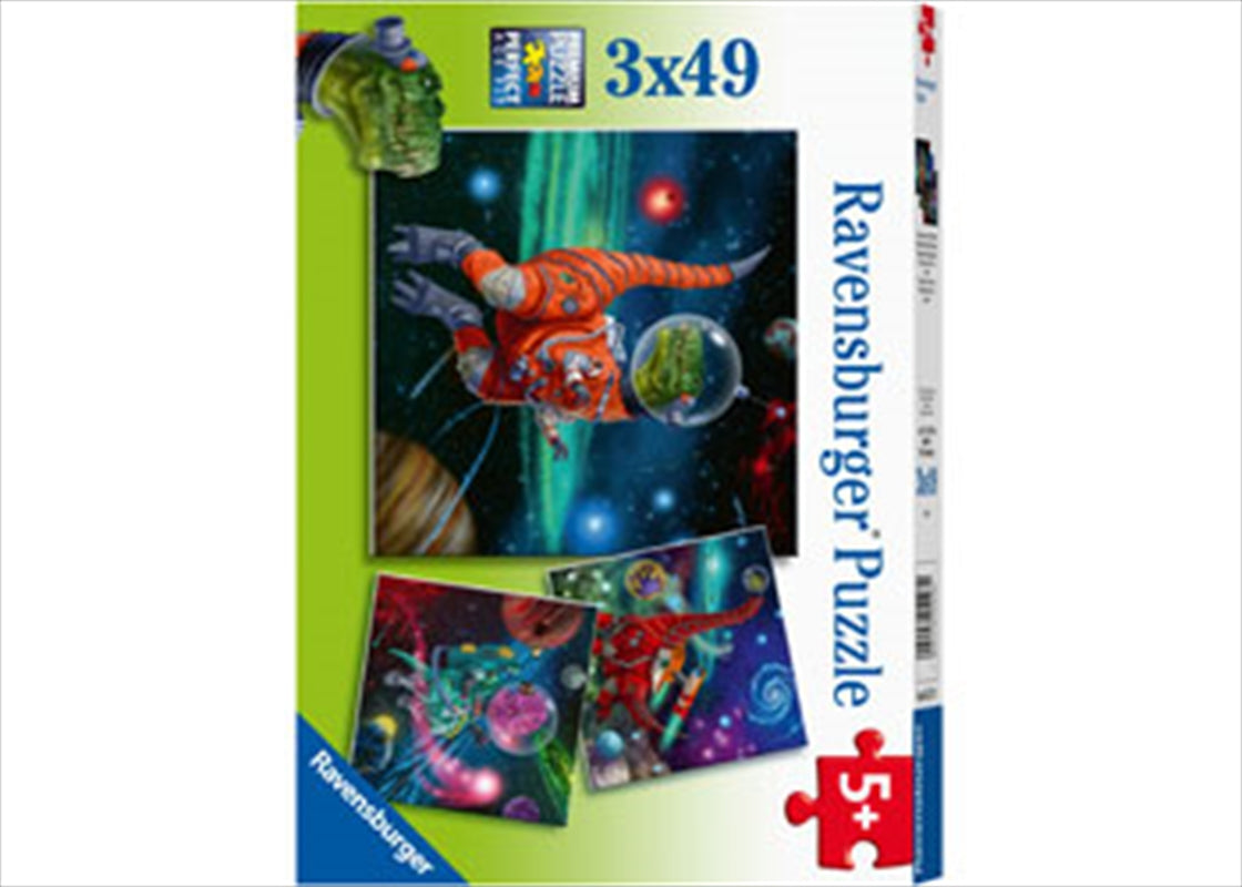 A colorful 3 X 49 piece puzzle featuring dinosaurs in a vibrant space setting, perfect for children.
