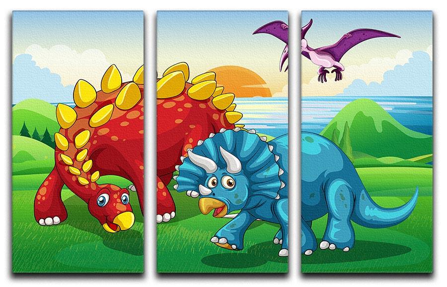 A vibrant 3-panel canvas print featuring dinosaurs in a lush park setting, perfect for children's rooms or playful decor.