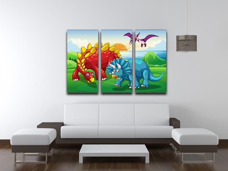 A vibrant 3-panel canvas print featuring dinosaurs in a lush park setting, perfect for children's rooms or playful decor.