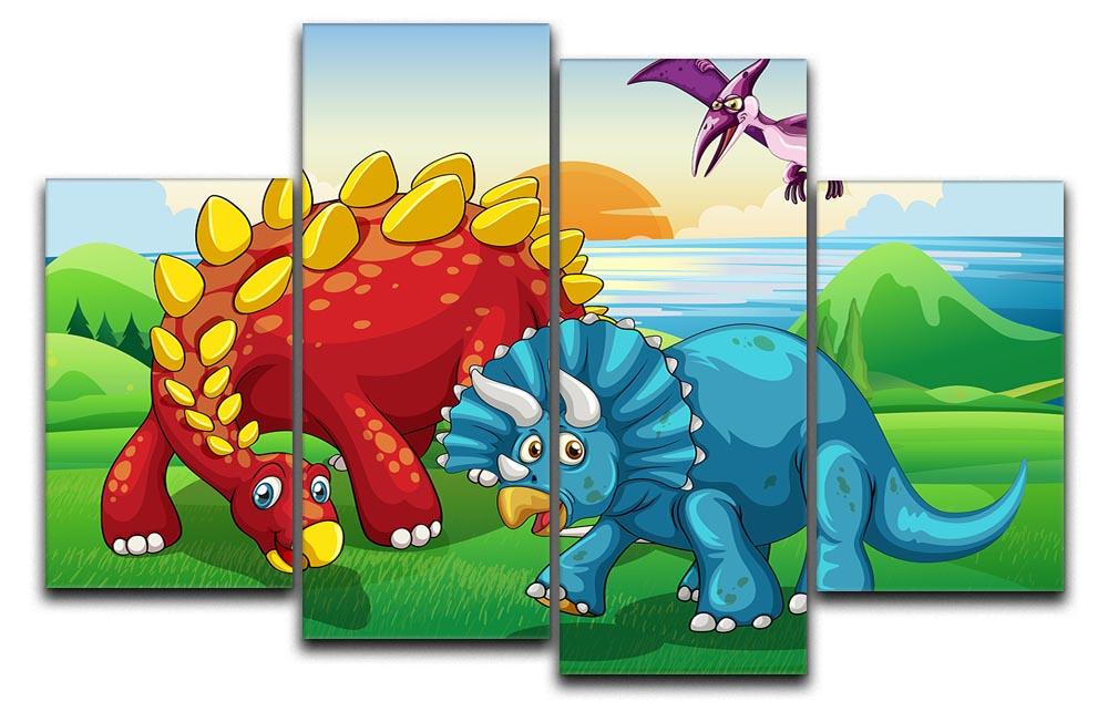 A vibrant 4-split canvas artwork featuring colorful dinosaurs in a park setting, ideal for children's rooms.