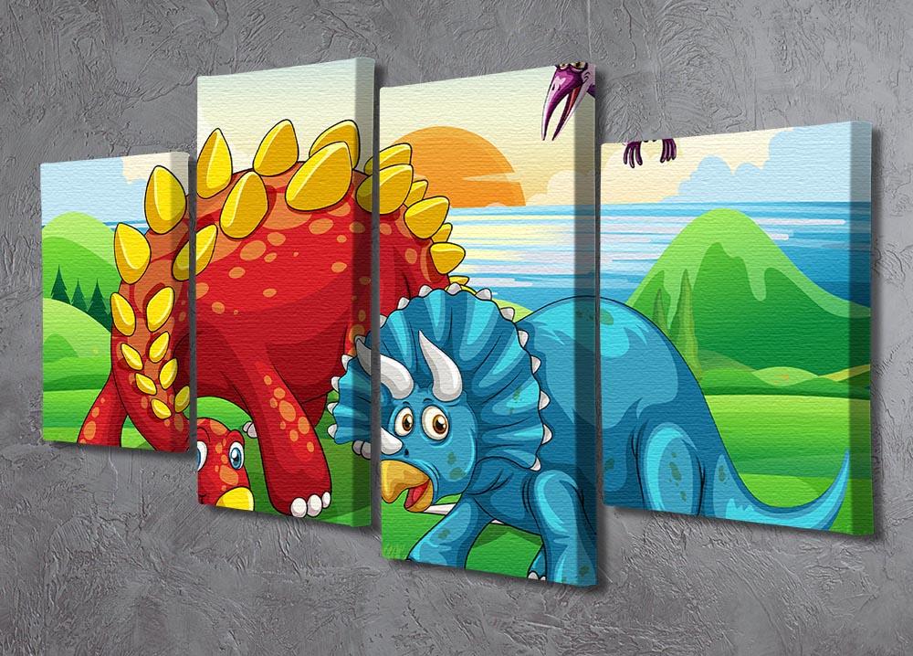 A vibrant 4-split canvas artwork featuring colorful dinosaurs in a park setting, ideal for children's rooms.