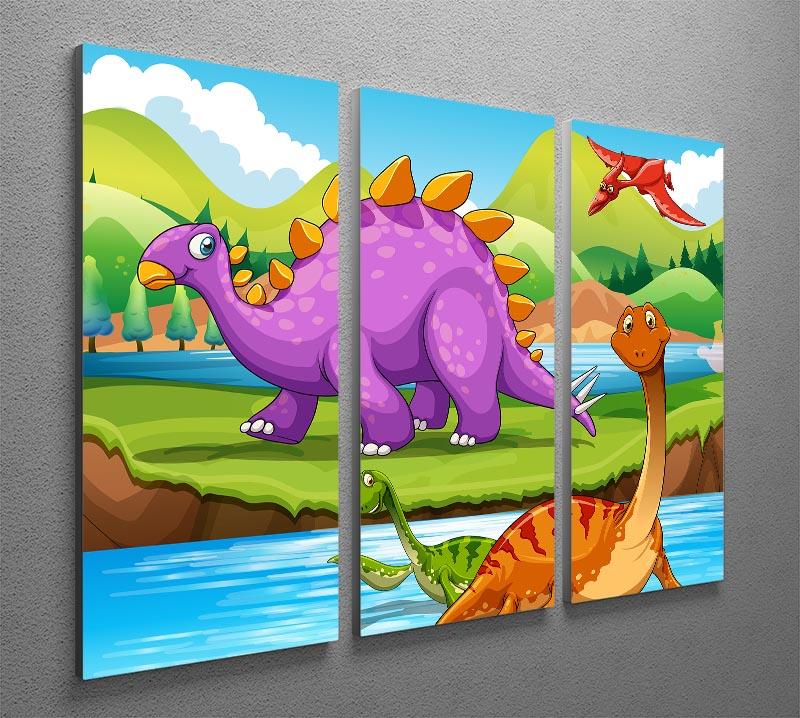 A captivating 3-panel canvas print featuring dinosaurs by a river, showcasing vibrant colors and intricate details.