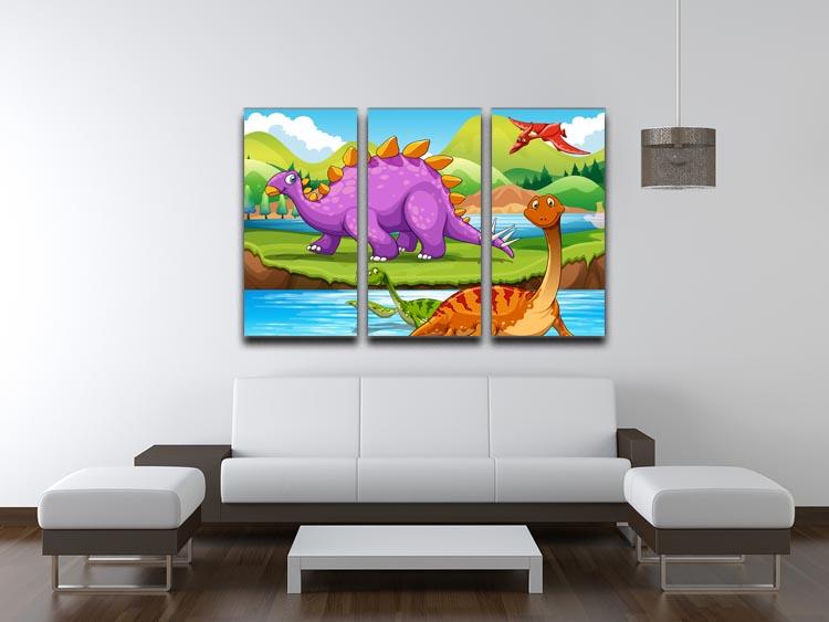 A captivating 3-panel canvas print featuring dinosaurs by a river, showcasing vibrant colors and intricate details.