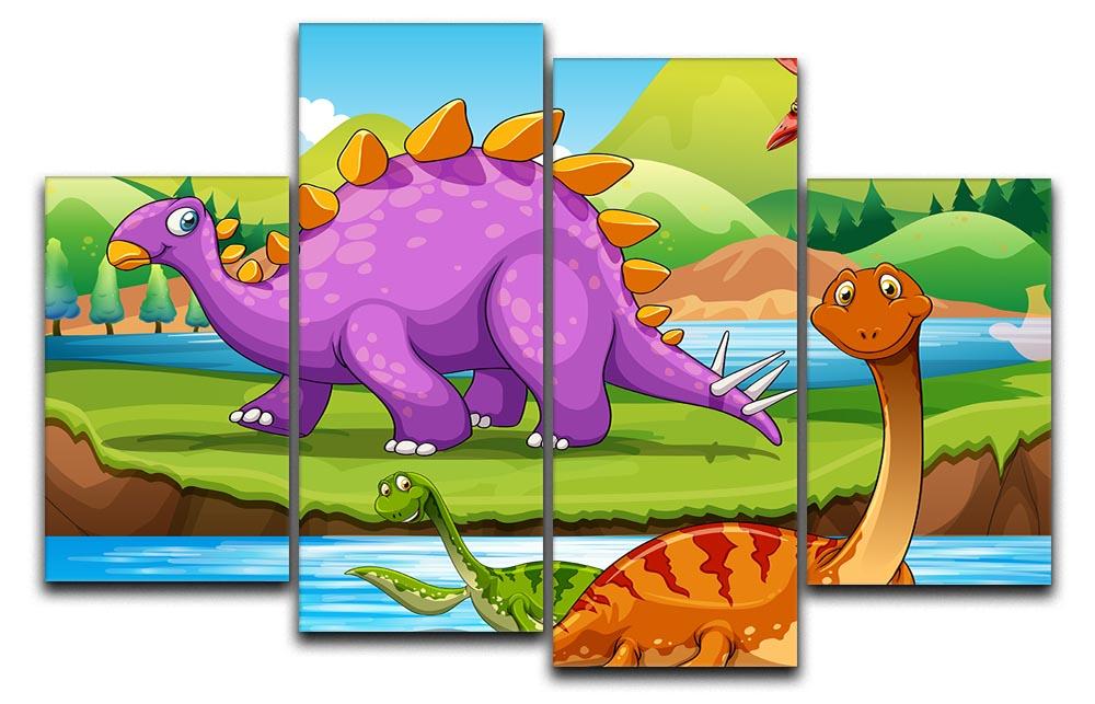 A vibrant 4-split canvas artwork depicting dinosaurs living by a river, showcasing lush greenery and a serene landscape.