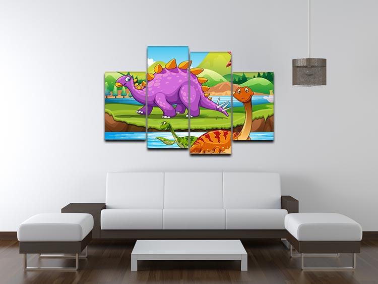 A vibrant 4-split canvas artwork depicting dinosaurs living by a river, showcasing lush greenery and a serene landscape.