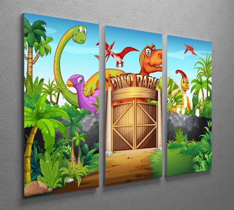 Three-panel canvas print featuring vibrant dinosaurs in a lush prehistoric landscape, perfect for home decor.