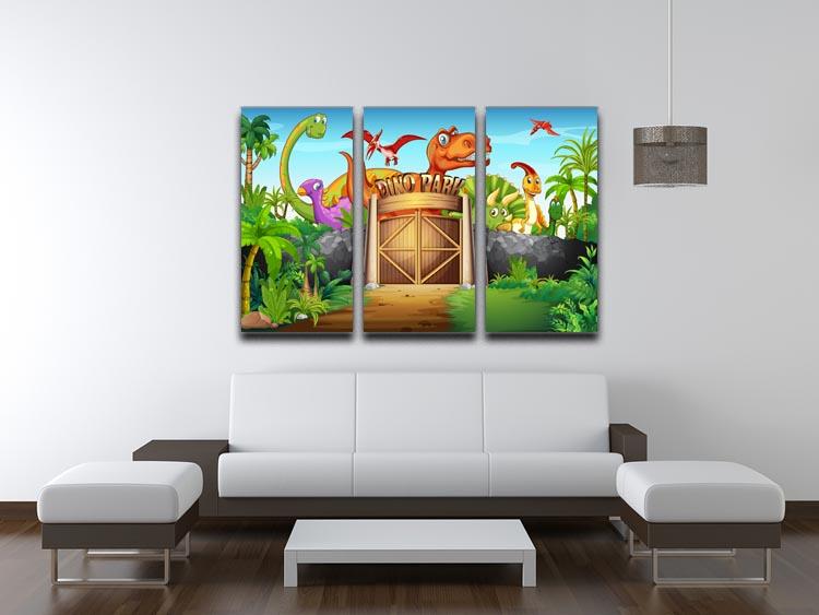 Three-panel canvas print featuring vibrant dinosaurs in a lush prehistoric landscape, perfect for home decor.