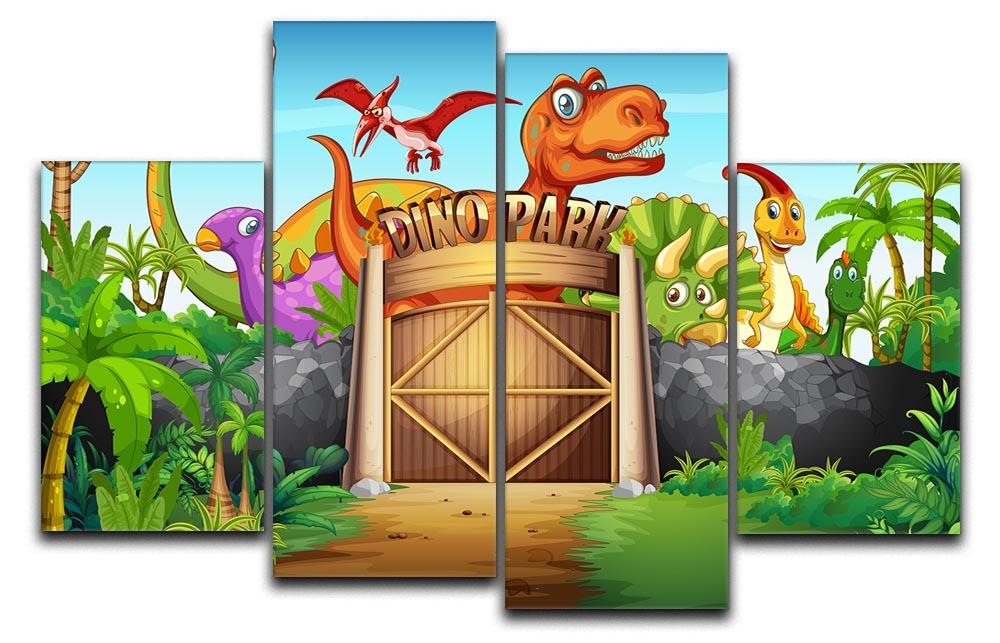 A colorful 4-panel canvas artwork featuring dinosaurs in a lively park setting, perfect for children's rooms.