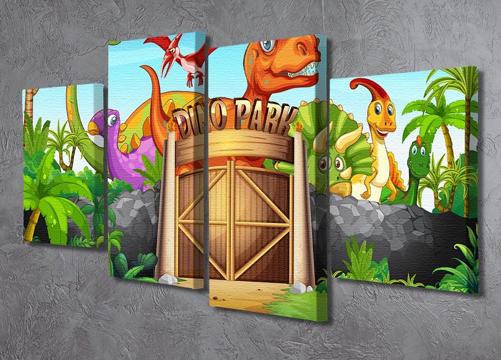 A colorful 4-panel canvas artwork featuring dinosaurs in a lively park setting, perfect for children's rooms.