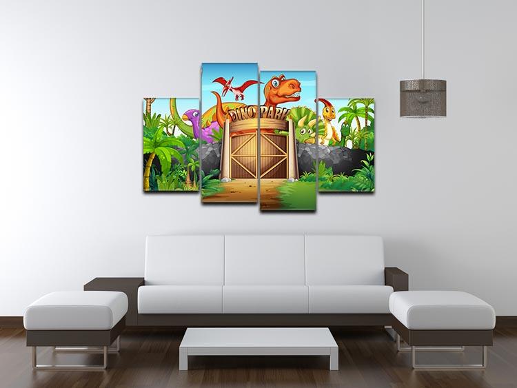 A colorful 4-panel canvas artwork featuring dinosaurs in a lively park setting, perfect for children's rooms.