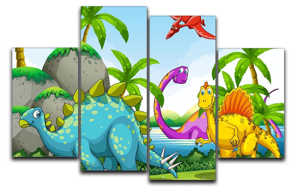 A vibrant 4-panel canvas artwork depicting dinosaurs in a lush jungle setting, showcasing rich colors and intricate details.