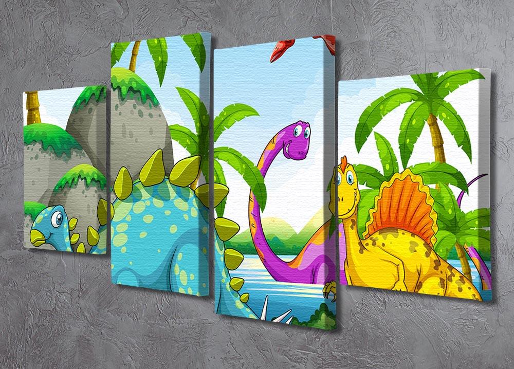 A vibrant 4-panel canvas artwork depicting dinosaurs in a lush jungle setting, showcasing rich colors and intricate details.