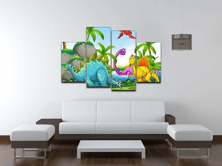 A vibrant 4-panel canvas artwork depicting dinosaurs in a lush jungle setting, showcasing rich colors and intricate details.