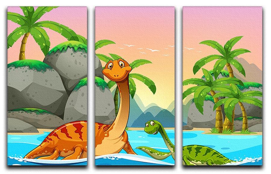 Three-panel canvas print featuring dinosaurs swimming in the ocean, showcasing vibrant colors and intricate details.