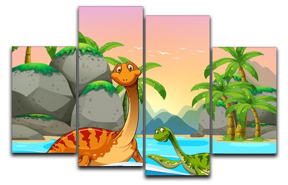A vibrant 4-panel canvas artwork depicting ocean dinosaurs in a dynamic split design, showcasing prehistoric marine life.