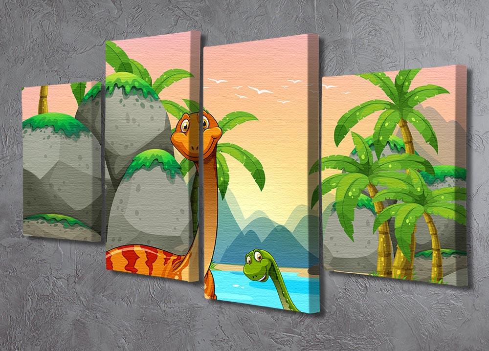 A vibrant 4-panel canvas artwork depicting ocean dinosaurs in a dynamic split design, showcasing prehistoric marine life.