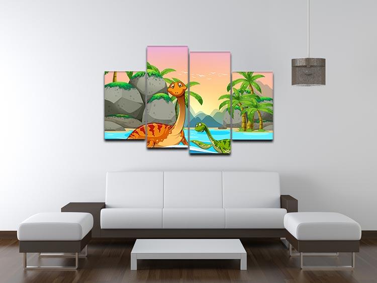 A vibrant 4-panel canvas artwork depicting ocean dinosaurs in a dynamic split design, showcasing prehistoric marine life.