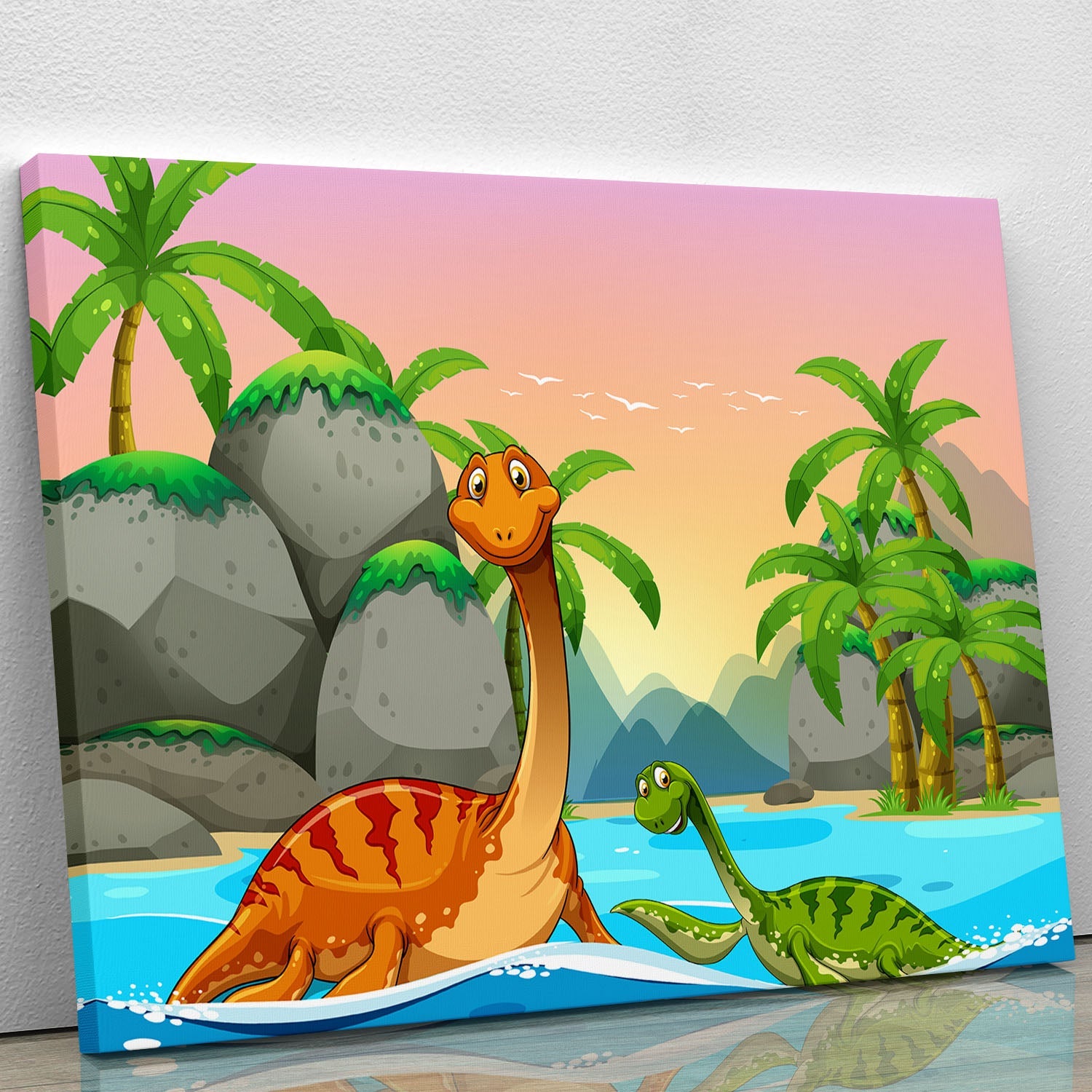 A vibrant canvas print featuring dinosaurs swimming in the ocean, showcasing colorful marine life and prehistoric creatures.
