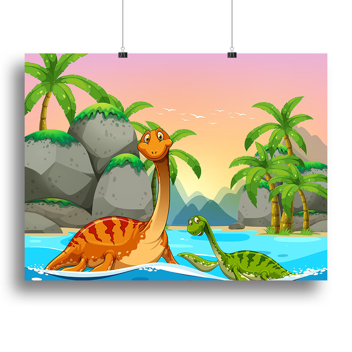 A vibrant canvas print featuring dinosaurs swimming in the ocean, showcasing colorful marine life and prehistoric creatures.