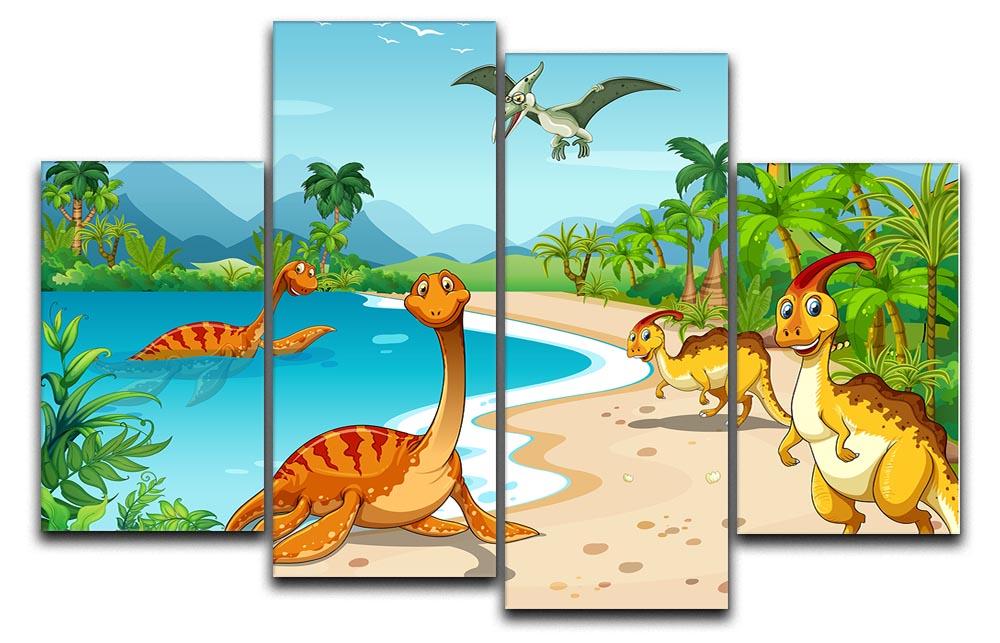 A colorful 4-panel canvas artwork featuring dinosaurs enjoying a sunny beach day, showcasing vibrant colors and playful imagery.