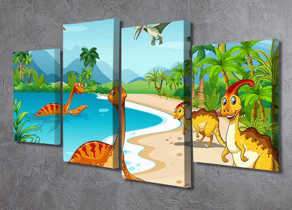 A colorful 4-panel canvas artwork featuring dinosaurs enjoying a sunny beach day, showcasing vibrant colors and playful imagery.