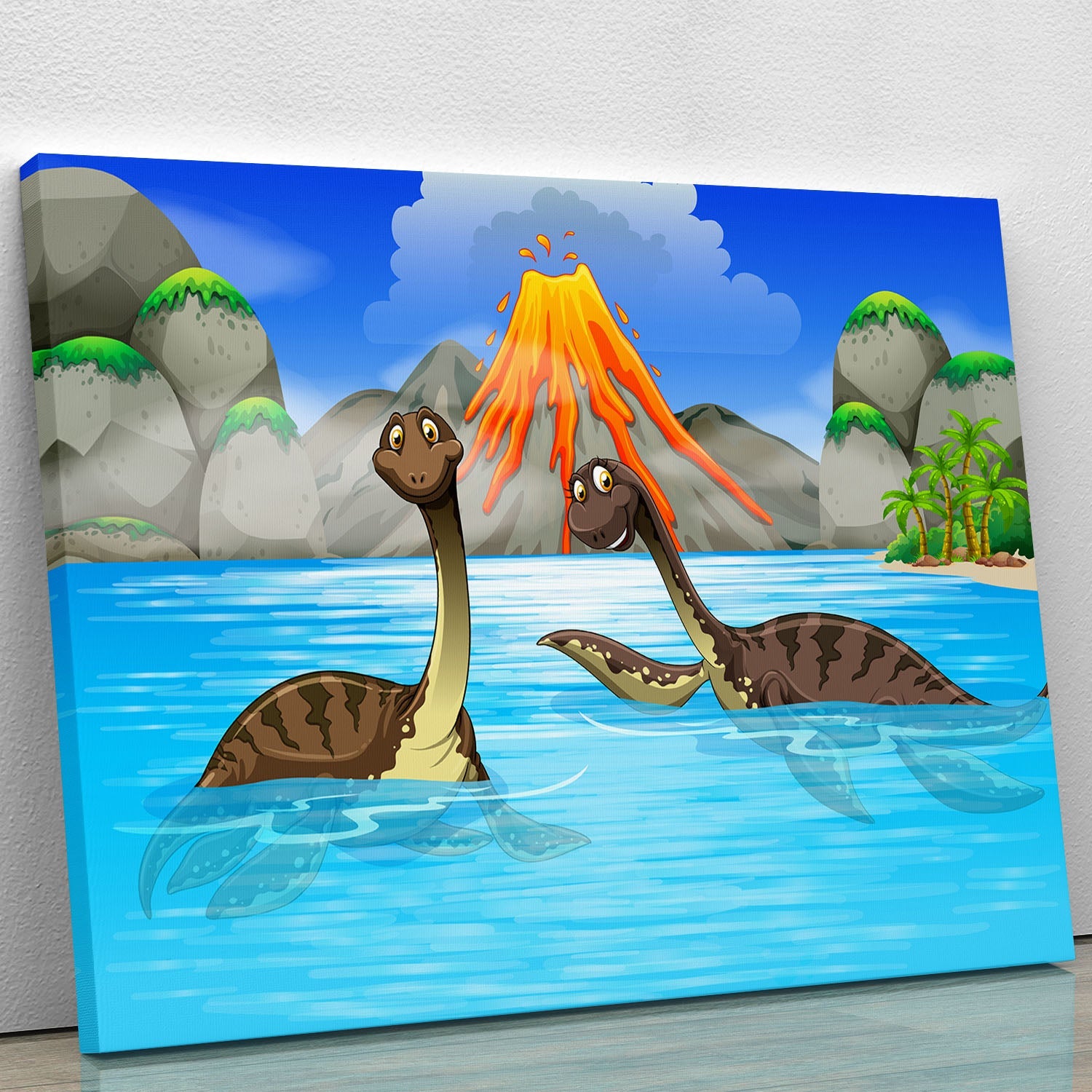 A vibrant canvas print featuring dinosaurs swimming in a serene lake, showcasing detailed artwork and bright colors.