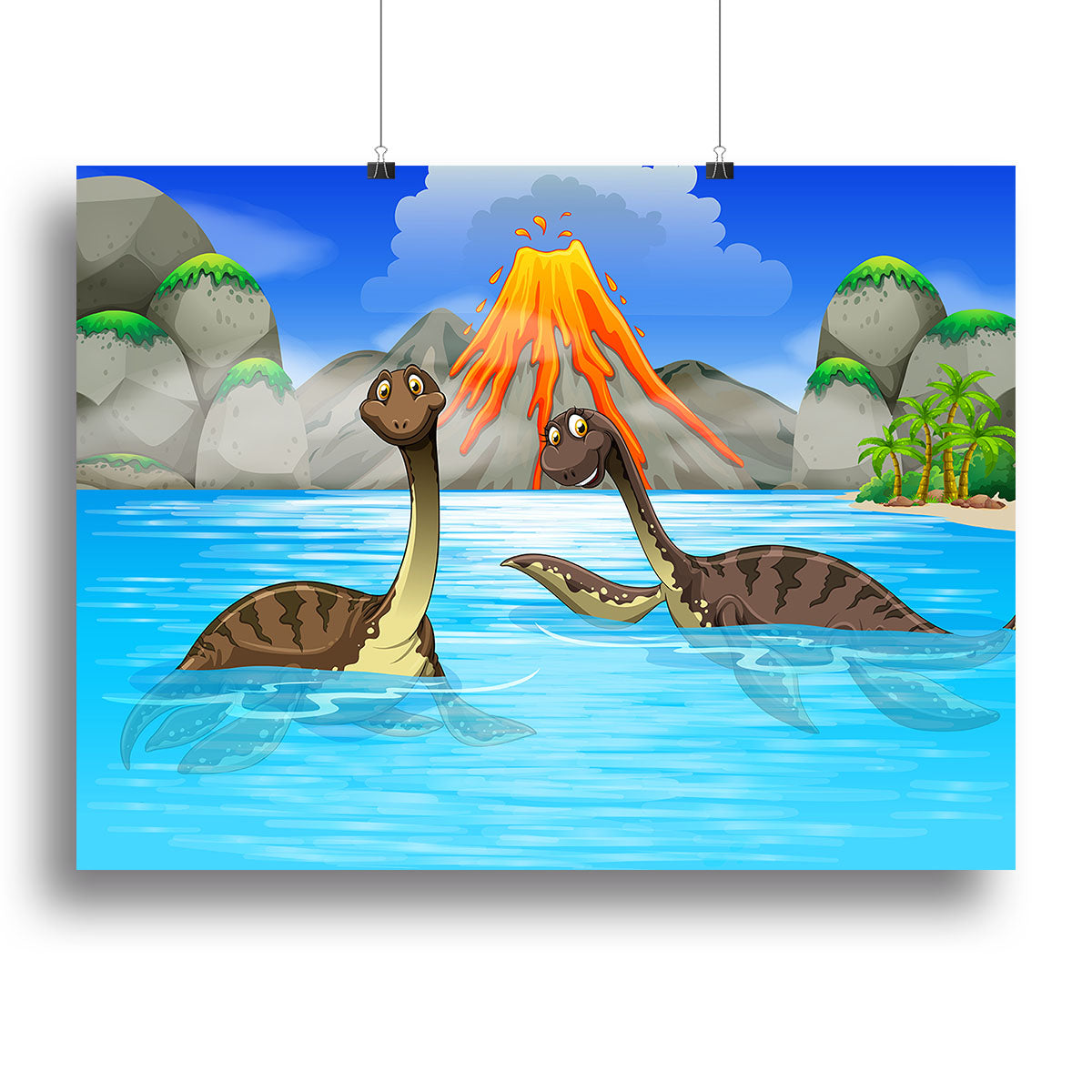 A vibrant canvas print featuring dinosaurs swimming in a serene lake, showcasing detailed artwork and bright colors.