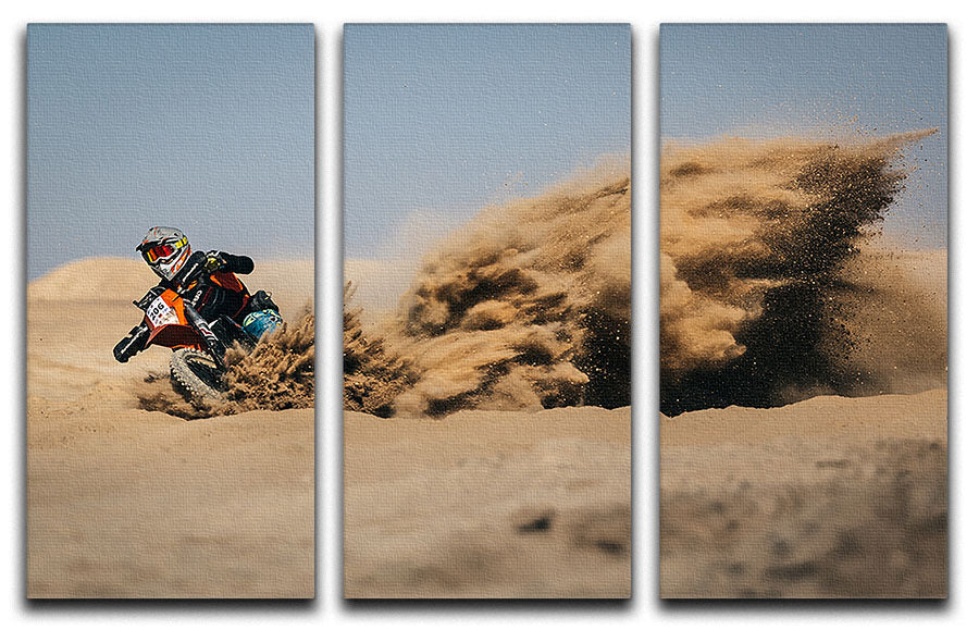 Dirtbike Drift 3 Split Panel Canvas Print showcasing vibrant colors and dynamic design across three canvases.