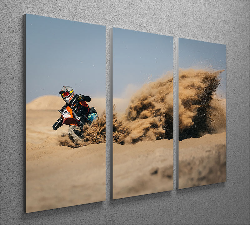 Dirtbike Drift 3 Split Panel Canvas Print showcasing vibrant colors and dynamic design across three canvases.