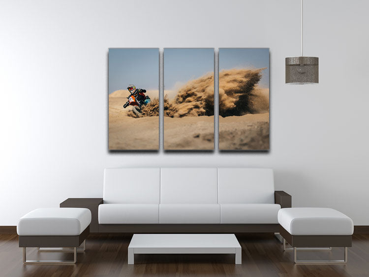 Dirtbike Drift 3 Split Panel Canvas Print showcasing vibrant colors and dynamic design across three canvases.