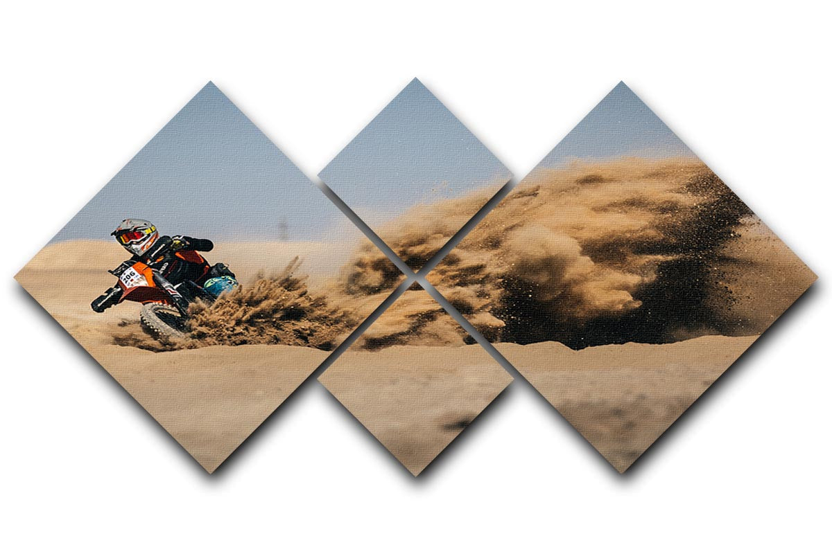 Dirtbike Drift 4 Square Multi Panel Canvas artwork featuring four panels of vibrant dirtbike imagery, perfect for home decor.