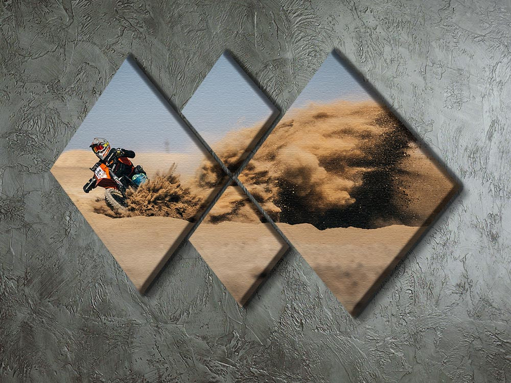 Dirtbike Drift 4 Square Multi Panel Canvas artwork featuring four panels of vibrant dirtbike imagery, perfect for home decor.
