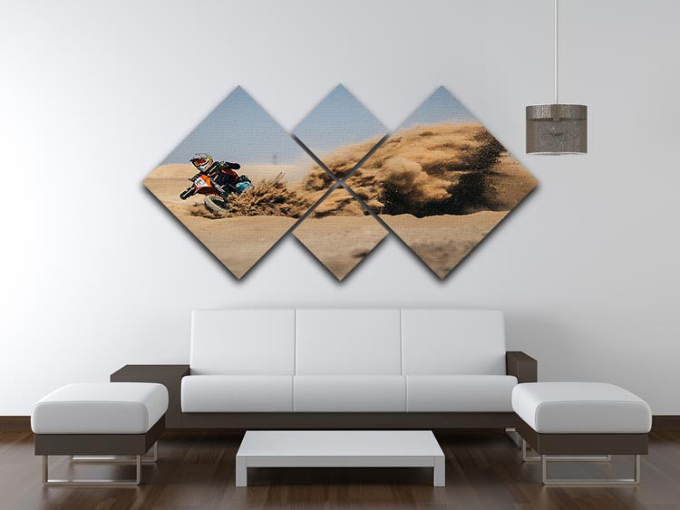 Dirtbike Drift 4 Square Multi Panel Canvas artwork featuring four panels of vibrant dirtbike imagery, perfect for home decor.