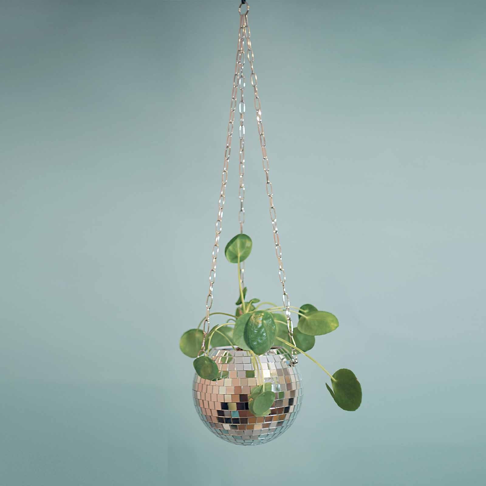 A stylish Disco Ball Planter hanging with vibrant houseplants, reflecting light and adding retro charm to the decor.