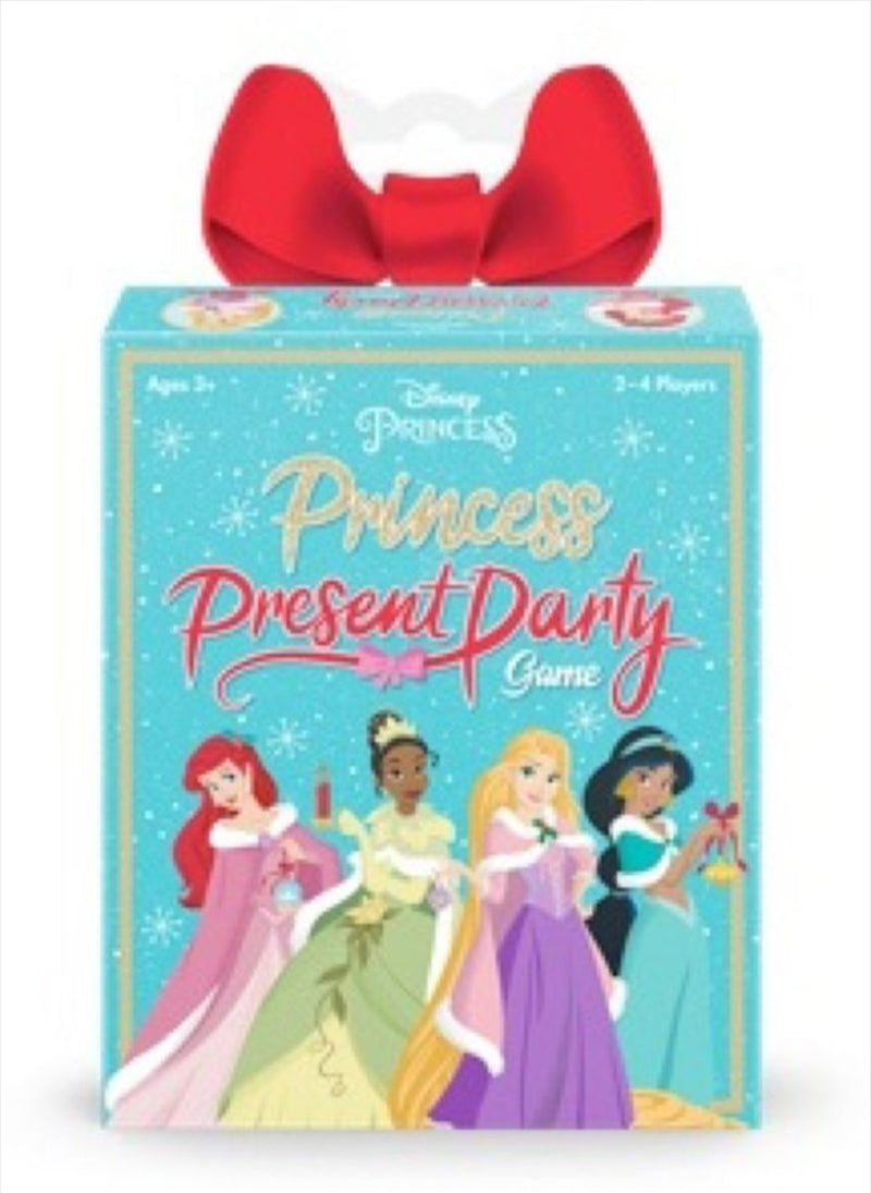 Disney Princesses Present Party Card Game featuring colorful snowy design and characters.