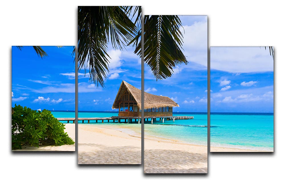 A vibrant 4-panel canvas artwork depicting a diving club on a tropical island, showcasing vivid colors and serene ocean scenery.
