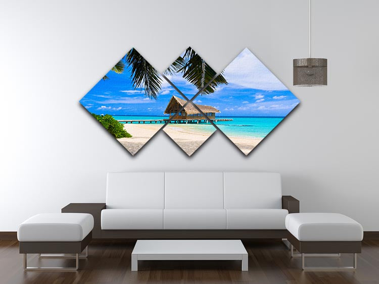 A vibrant 4-square multi panel canvas depicting a diving club scene on a tropical island, showcasing colorful underwater life and serene ocean views.