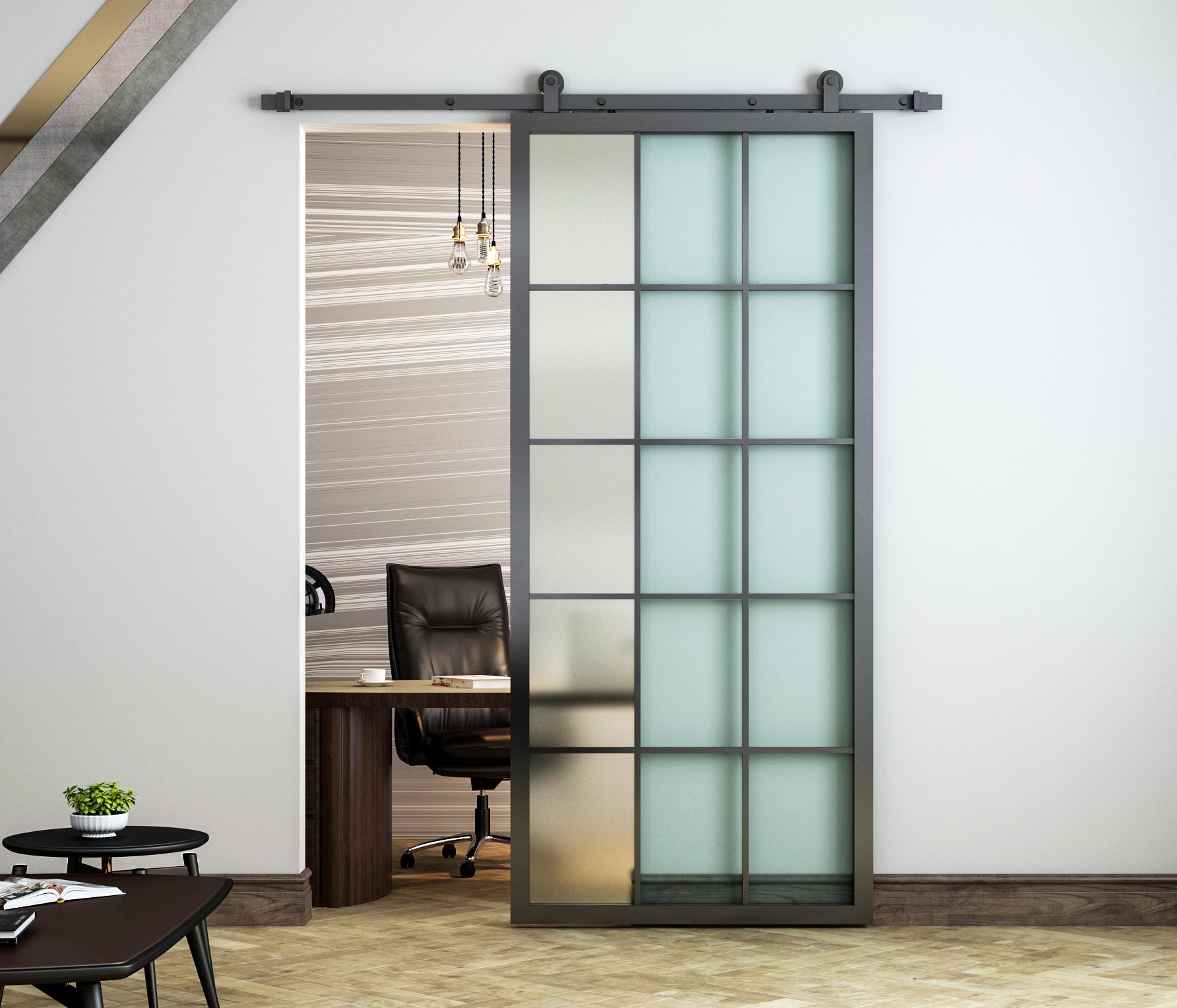 DIYHD Black Aluminum Framed Glass Sliding Barn Door Slab with clear tempered glass, showcasing a modern design suitable for various interiors.
