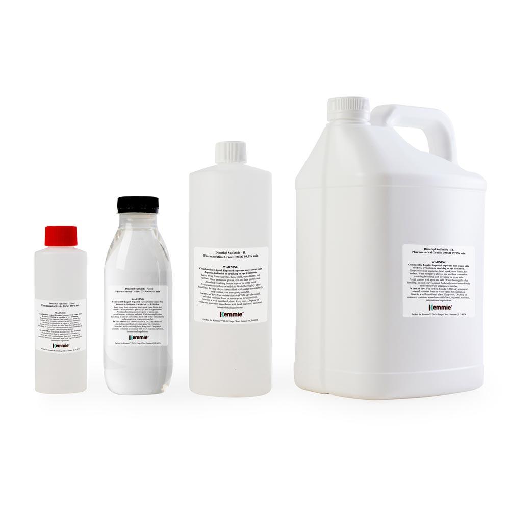 99.9% Pure DMSO Liquid Dimethyl Sulfoxide in a clear bottle, showcasing its colorless and transparent appearance.