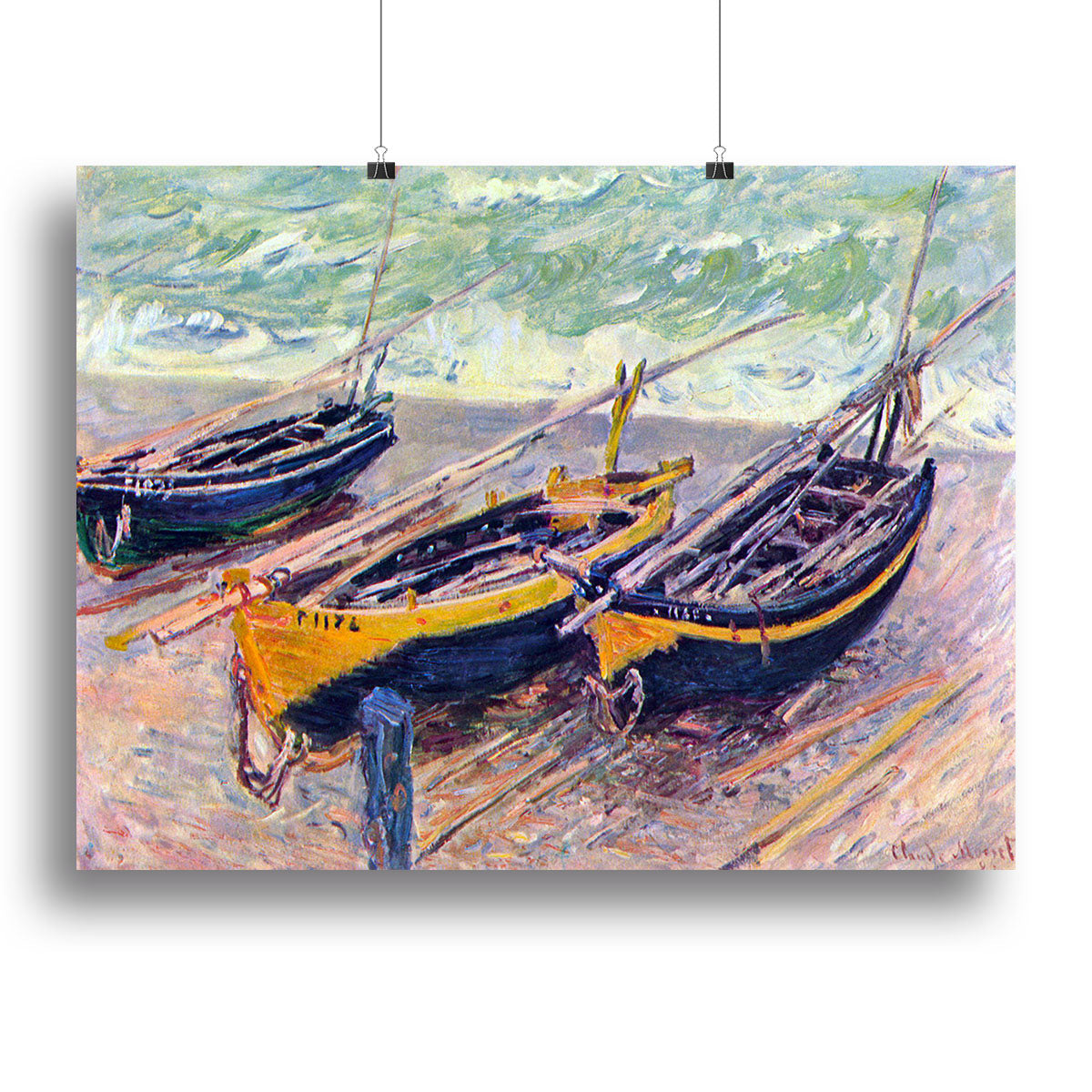 Canvas print of Monet's Dock of Etretat featuring three fishing boats in a serene coastal landscape.