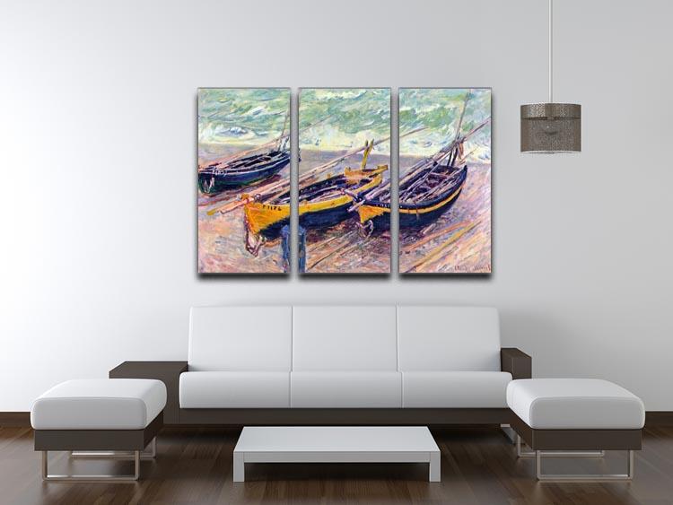 Three-panel canvas print of Monet's Dock of Etretat featuring fishing boats, showcasing vibrant colors and intricate details.