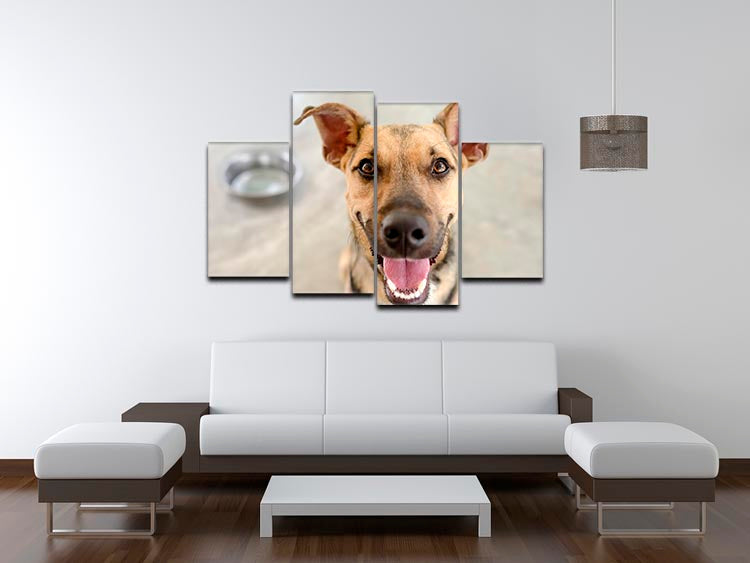A vibrant 4-panel canvas artwork featuring a dog and a bowl, showcasing a dynamic and multi-dimensional design.