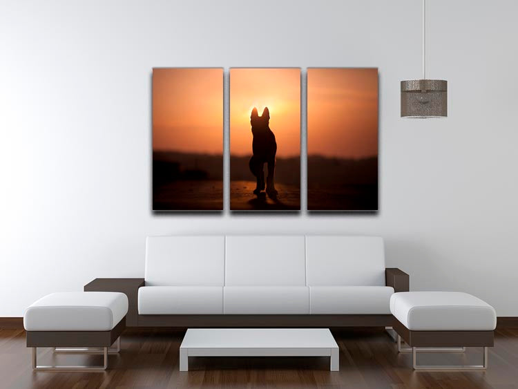 A stunning 3-panel canvas print featuring a dog silhouette against a vibrant sunset, perfect for home decor.