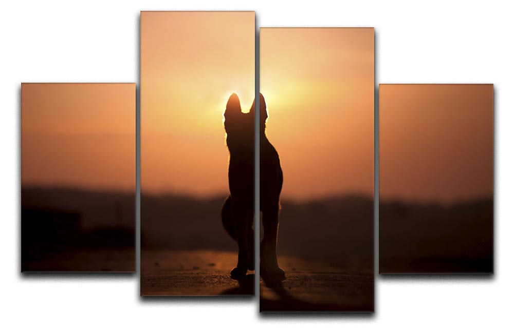 A beautiful 4-panel canvas artwork featuring a dog silhouette against a vibrant sunset, creating a warm and inviting atmosphere.