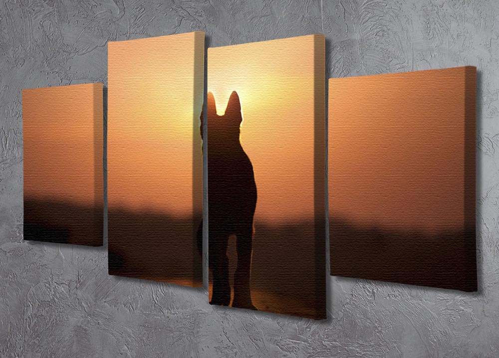 A beautiful 4-panel canvas artwork featuring a dog silhouette against a vibrant sunset, creating a warm and inviting atmosphere.