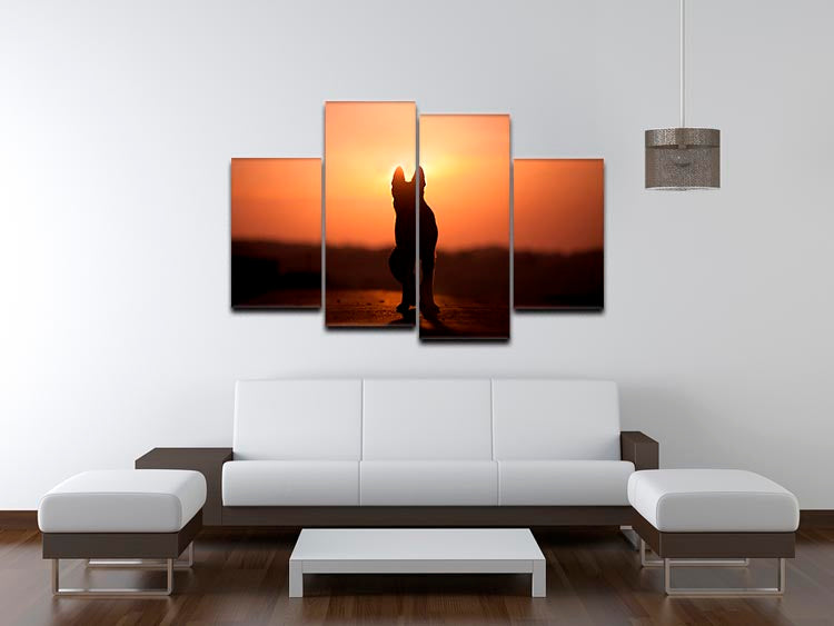 A beautiful 4-panel canvas artwork featuring a dog silhouette against a vibrant sunset, creating a warm and inviting atmosphere.