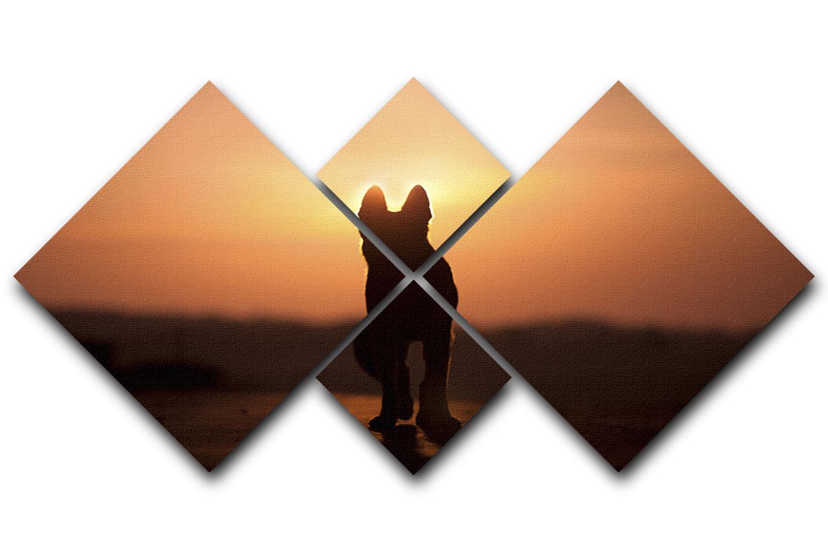 A beautiful 4-square canvas artwork featuring a dog silhouette against a vibrant sunset, perfect for home decor.
